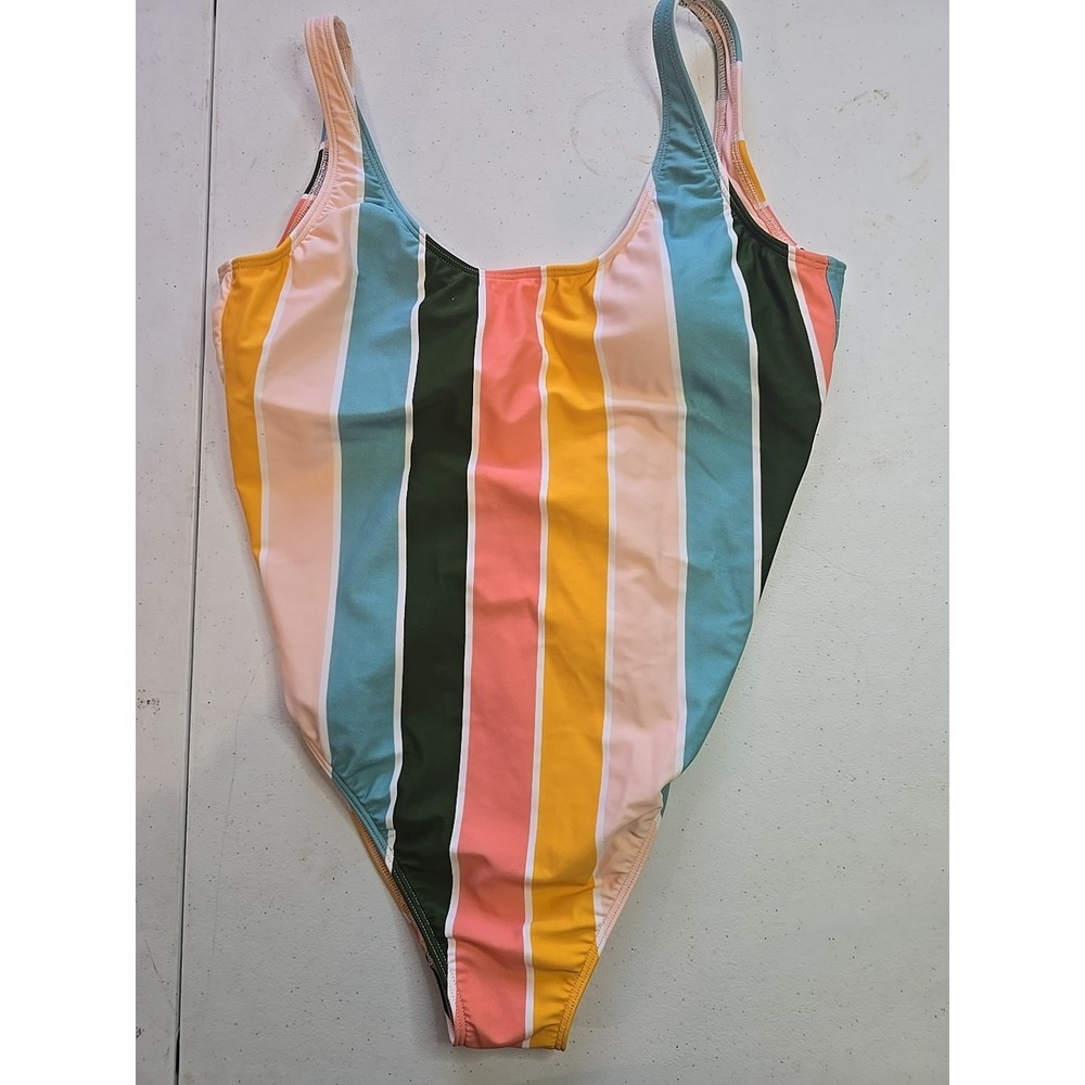 Hollister Swim Womens One Piece Swimsuit Size Medium  Pink Green Stripe Low Back